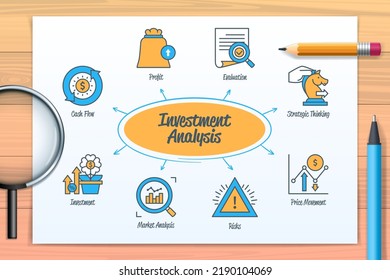 Investment analysis chart with icons and keywords. Evaluation, investment, strategic thinking, market research, cash flow, price movement, risks, profit. Web vector infographic