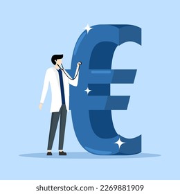 investment analysis or analysis of expense and spending concept, smart doctor with stethoscope to listen and analyze Euro money symbol. Financial analyst to examine the European currency economy.