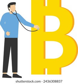 investment analysis or analysis of expense and spending concept, smart doctor with stethoscope to listen and analyze Bitcoin money symbol. Financial analyst to examine the bitcoin currency economy.