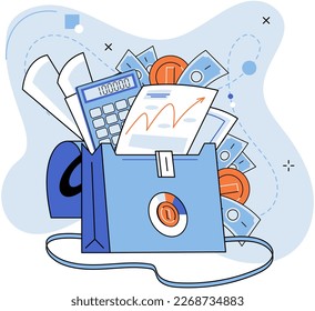 Investment analysis, financial planning, briefcase with money and securities. Business concept for strategic marketing with graph on report, cash and accounting data. Examination of income statement