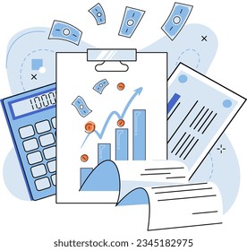 Investment analysis, financial planning, calculation, data exploration, business concept for strategic marketing with report, money and accounting documents. Examination of income statement