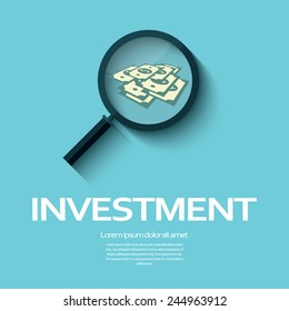 Investment analysis graphic design concept with magnifying glass and dollar bills or bank notes. Eps10 vector illustration.