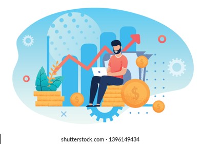 Investment And Analysis Money Cash Profits Metaphor. Freelancer, Employee Or Manager Making Investing Plans, Calculating Benefits On Laptop. Vector Illustration Career Growth And Business Success