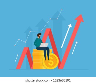 Investment and analysis money cash profits. Successful investor or entrepreneur making investing plans. Financial consulting, investment and savings. Vector illustration.