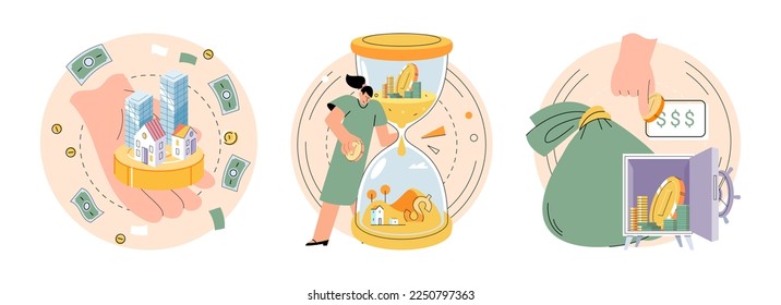 Investment, analysis money profits. Investor holding stack of coins and buildings standing at hourglass. Employee making investing plans, calculating benefits. Funding, financial consulting, savings