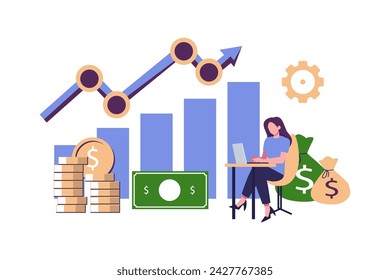 Investment and Analysis Money Profits. Investor sitting on stack of coins. Employee Making Investing Plans, Calculating Benefits on Laptop. Profitable investment, funding Financial consulting, savings