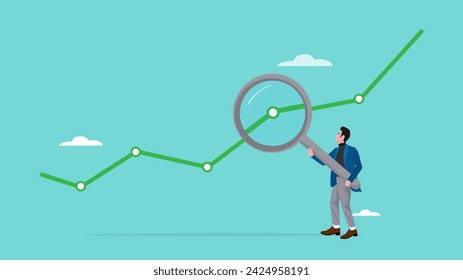 investment analysis statistic, financial investment business analysis, analyze stock market or crypto currency data movement, person with magnifying glass analyzes investment statistics graph