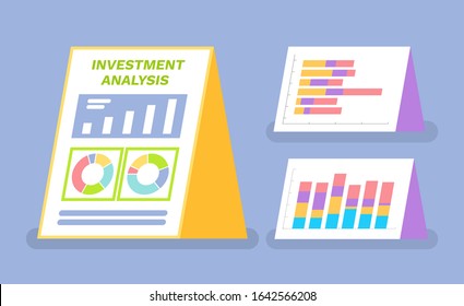 Vektorillustration der Anlageanalyse, Satz von Boards mit Statistiken flach Stil. Einziger Karton mit Diagrammen und Diagrammen, Schemata und Informationsdaten zu den Finanzen