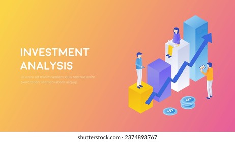 Investment analysis web concept. Business people working, trading graph and chart. Money investment isometry. Management future vector.