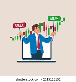 Investment analyst holding buy or sell sign with candlestick chart.
Buy or sell in stock market and crypto currency trading, investment decision, wealth management. Flat vector illustration.