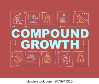 Banner de la tasa de crecimiento anual de la inversión: conceptos de palabra. Calcular devoluciones. Infografía con iconos lineales sobre fondo rojo. Tipografía creativa aislada. Ilustración de color del contorno del vector con texto