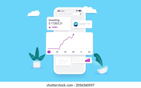 Investment app on smartphone screen - Profitable investment online concept with graphs and stock market data on phone screen. Vector illustration.