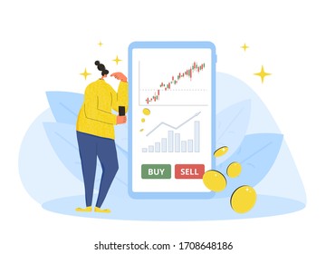 Investment application concept. Minor shareholders choosing buy or sell with mobile app. Stock market  boom. Young woman thinking about growth in equity prices with huge phone. Vector flat.