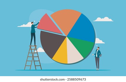 Investment asset allocation and adjustment strategies, with business people, investors or financial planners constructing pie charts on ladders to rebalance portfolios according to risk levels and pot