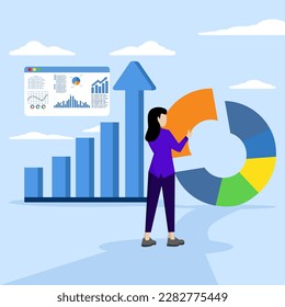 Investment asset allocation and balance concept. Female investor or financial planner standing on ladder to make pie chart to balance investment portfolio. Flat cartoon vector illustration