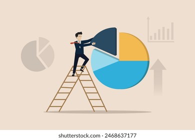 Investment asset allocation, businessman investor standing on ladder to arrange pie chart as rebalancing investment portfolio to suitable for risk and return.