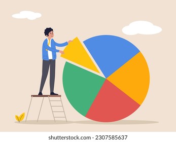 Investment asset allocation and rebalance concept. Businessman on ladder arrange pie chart as rebalancing investment portfolio to suitable for risk and return. 