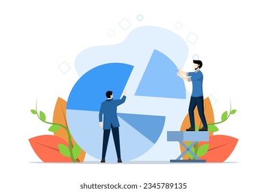 investment asset allocation and rebalancing concept, businessman investor or financial planner standing on ladder to construct pie chart as rebalancing investment portfolio to suit risk and return