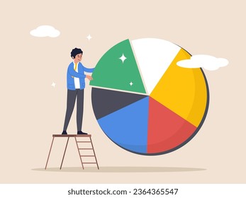 Investment asset concept. Allocation and rebalance, businessman investor or financial planner standing on ladder to arrange pie chart as rebalancing investment portfolio, suitable for risk and return.