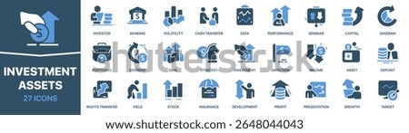 Investment and assets colored signed icon collection. Set of fill Investment and assets icons. UI icon set. Colored icons pack. Vector illustration