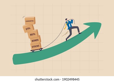 Investment Assets Or Financial Products For Diversify Portfolio, Wealth Management And Asset Allocation Concept, Smart Investor Pulling Boxes With Label Stocks, ETFs, Bonds, REITs And Commodities.