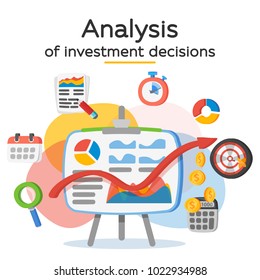 Investment attraction case studies and analysis. Return on investment, ROI, Business, profit. Profit schedule. Business icons in a modern flat style. Banner for website and ads. Vector illustration.