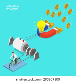 Investment attraction vector flat isometric concept. Businessman generates energy for lighting bulb and attracting money using magnet.