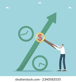 Investment attractiveness of projects, an increase in the interest rate on deposit, an improvement in the state of the economy and GDP growth, financial growth, man with a magnifier shows a percentage