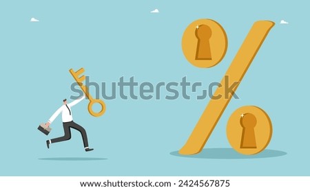 Investment attractiveness of projects, ways and methods of increasing profits from an investment deposit or securities, strategy for achieving success in innovation, man runs to interest with lock.