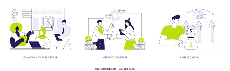 Investment bank abstract concept vector illustration set. Financial advisory service, merging companies, raising capital, financial advisor, money investment, successful deal abstract metaphor.