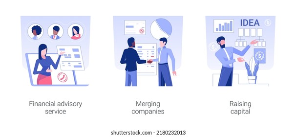 Investment bank isolated concept vector illustration set. Financial advisory service, merging companies, raising capital, financial advisor, money investment, successful deal vector cartoon.