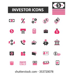 investimento, banco, negociação, finanças, dinheiro, ícones de conceito de cheque, sinais conceito de vetor definido para infográficos, móvel, site, aplicativo 