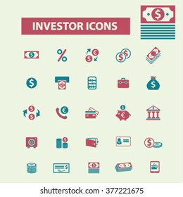 investment, bank, trading, investor, wealth, deposit, market, payment, bankir, cash, finance, money, check, wallet icons, signs vector concept set for  mobile, website, application
