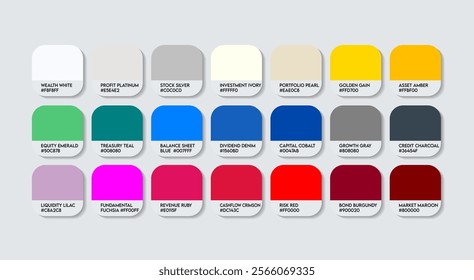 Investment Banker Color Guide Palette with Color Names. Catalog Sample Investment Bankers with RGB HEX codes and Names. Investment Banker Color Palette, Fashion Trend Investment Banker Color Palette