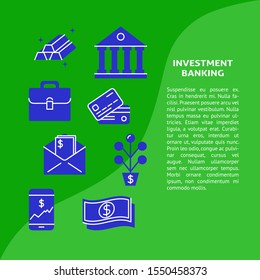 Investment banking banner in flat style with place for text. Poster template with finance and stock market symbols. Financial vector illustration.
