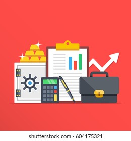 Investment, banking concepts. Safe, gold bars, calculator, clipboard, pen and briefcase flat design graphic elements, flat icons set for web banners, websites, infographics, etc. Vector illustration