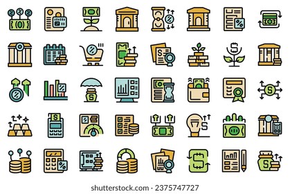 Investment banking icons set outline vector. Money save. Grow income thin line color flat on white