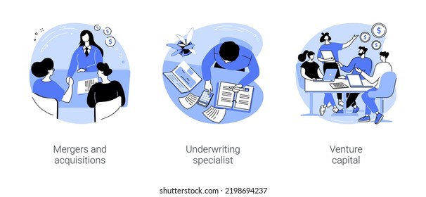 Investment banking isolated cartoon vector illustrations set. Financial mergers and acquisitions, diverse business partners shake hands, underwriting specialist, venture capitalist vector cartoon.