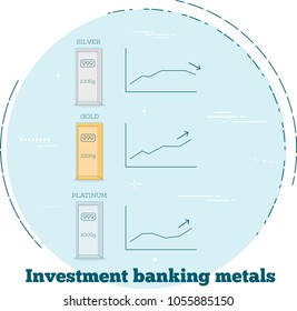 Investment banking metals concept in line art style. Banking and finance, money save sign, business capital symbol. Silver, gold and platinum vector illustration.