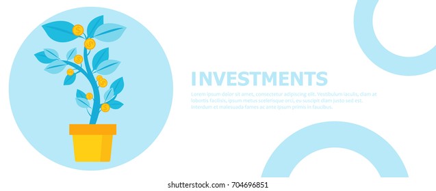 Investment banner. Money tree in a pot. Home plant. Vector flat illustration