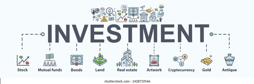 Investment banner web icon for business and finance. Property, Land, stock, gold, bond, mutual funds, currency exchange, profit and loss. Minimal vector infographic.
