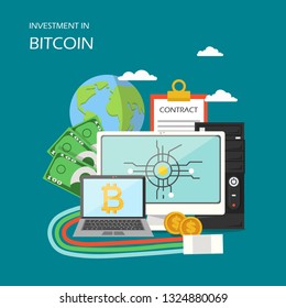 Investment in bitcoin concept vector illustration. Globe, computer, laptop with bitcoin sign, clipboard with contract form, money. Investing in digital currency, in blockchain technology poster banner