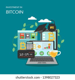 Investment in bitcoin vector flat style design illustration. Earning on cryptocurrency investments with blockchain. Bitcoin investing concept for web banner, website page etc.
