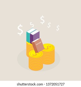 Investment book with money coin stack in isometric education infographic template design with books