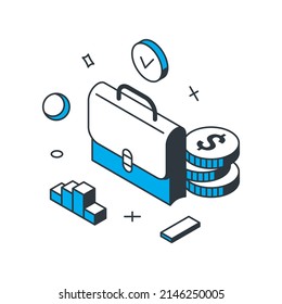 Investment briefcase banking accounting analyzing corporate development economic strategy optimization 3d icon isometric vector illustration. Efficiency financial management analytics market planning