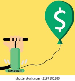 Burbuja de inversión que causa crisis financiera, mercado de valores sobrevaluado o concepto de inflación monetaria, inversor empresario que bombea aire en una gran burbuja flotante con señales de dinero en dólares estadounidenses listas para estallar.