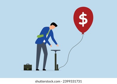 Investment bubble causing financial crisis, businessman investor pumps air into a large floating balloon with a US Dollar money sign ready to burst.