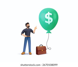 Burbuja de inversión que causa crisis financiera, Ilustración vectorial de render 3D. El mercado de valores sobrevaluado o el concepto de inflación monetaria, el inversor empresario bombea aire en un gran globo flotante con el dólar estadounidense