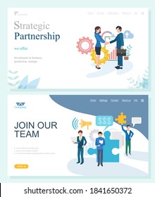Investment in business, company startup, looking for professional, knowledge and skills, achieve goals. Join team and strategic partnership vector. Website or webpage template, landing page flat style