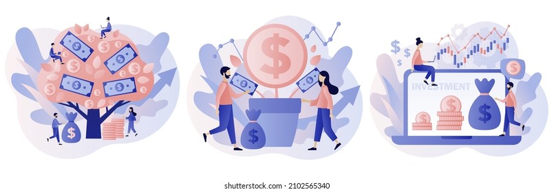 Investment and business concept. Investor strategy. Money tree as metaphor of income and revenue. Tiny people grow financial capital. Modern flat cartoon style. Vector illustration on white background